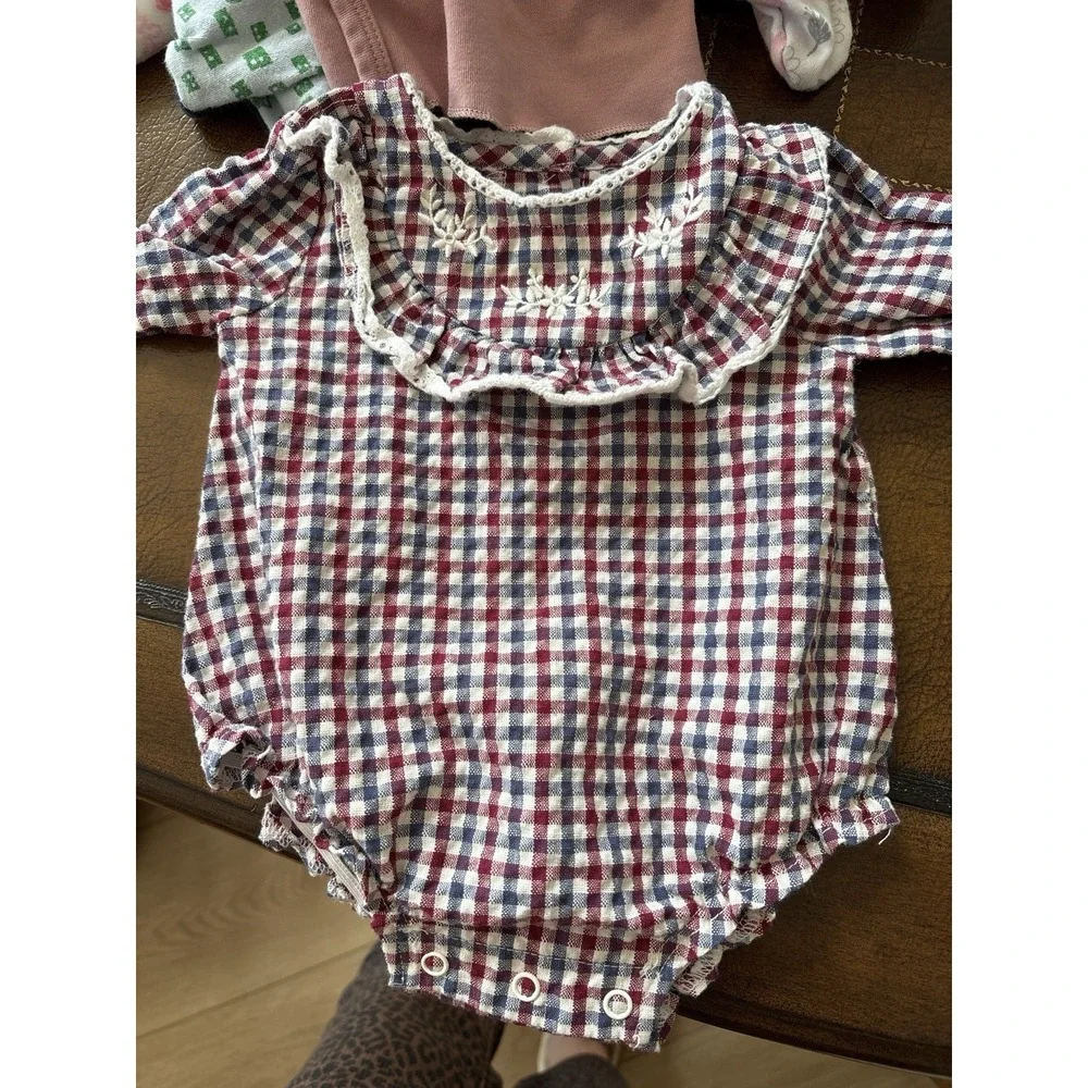 Nicole Miller‎ Gingham Ruffle Long Sleeve Romper Red Blue 0/3M Cotton Blend